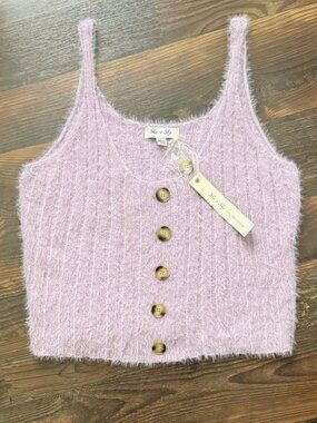 She + Sky Lavender Button-Up Fuzzy Cropped Tank Top